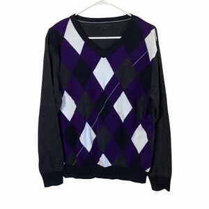 Jack & Jones Black/Purple Argyle V-Neck Cotton Sweater Pullover Size Large